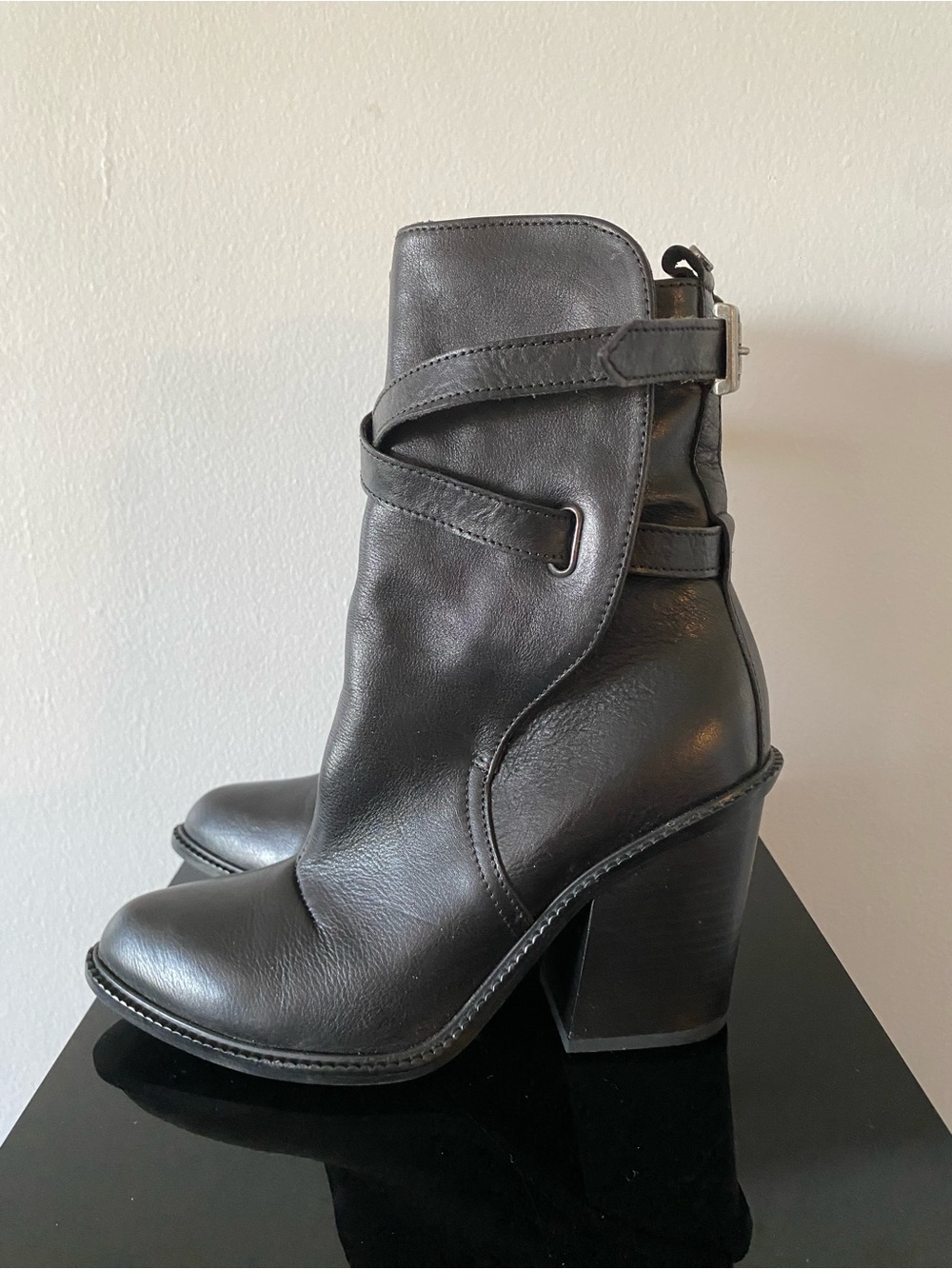 Diesel Black Leather Ankle Booties with Buckle Strap